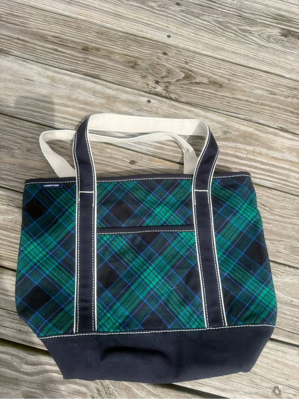 Plaid Tote Bag with Navy Blue Bottom and Straps